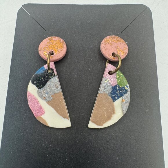 Abstract Multicolor Polymer Clay Drop Earrings Handmade Gold Accent Modern Boho - Picture 1 of 3